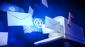 Imagem. Caixa de correio aberta e dela saem diversos envelopes e símbolos de @, indicando que são e-mails. O fundo é azul.