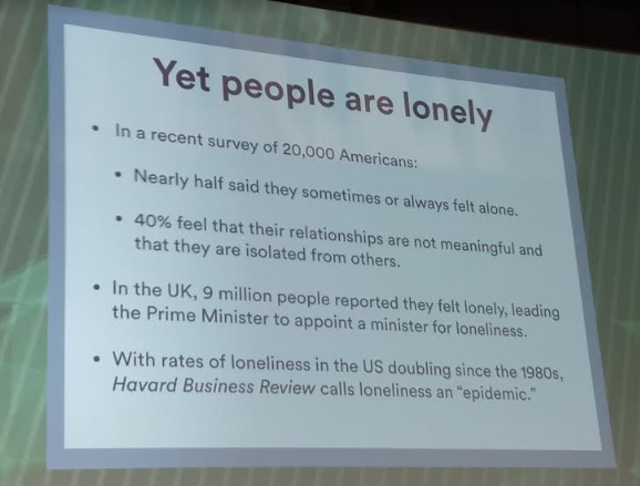 Foto de slide com dados de uma pesquisa feita nos EUA sobre a solidão das pessoas.