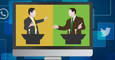 Imagem. Uma tela de tv dividida em duas cores, verde e amarelo. Dentro da tela a imagem de dois homens com terno e gravata. Na frente deles um palanque com dois microfones. Fora da tela, quadrados azuis sendo que um deles mostra o símbolo do WhatsApp e outro o do Twiiter.