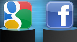 Imagem. Logo do Google e do Facebook inserido em um quadrado e em cima de um pedestal cada um.