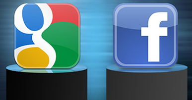 Imagem. Logo do Google e do Facebook inserido em um quadrado e em cima de um pedestal cada um. 