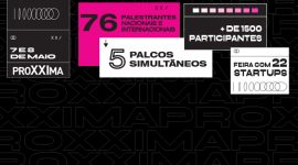 Banner: fundo preto com caixas de informação brancas e rosa com informações sobre o evento.