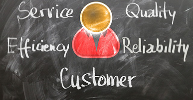 Imagem: lousa com um bonequinho desenhado e as palavras customer, service, efficiency, quality e reliability. consumidor.