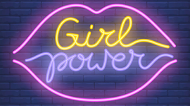 Imagem: led em forma de boca com a frase "girl power dentro". Mulheres.