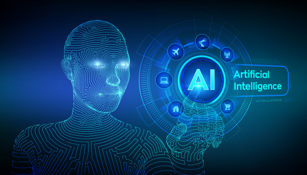 Imagem: fundo azul com robô apontando para a sigla AI, que significa inteligência artificial.