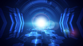 Imagem: fundo azul com luzes circulares tecnológicas. Competitividade Digital.