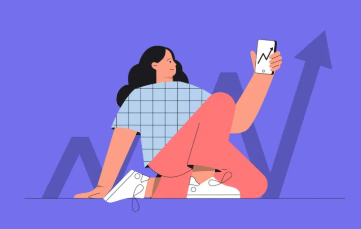 Design de mulher olhando celular com tela de investimentos